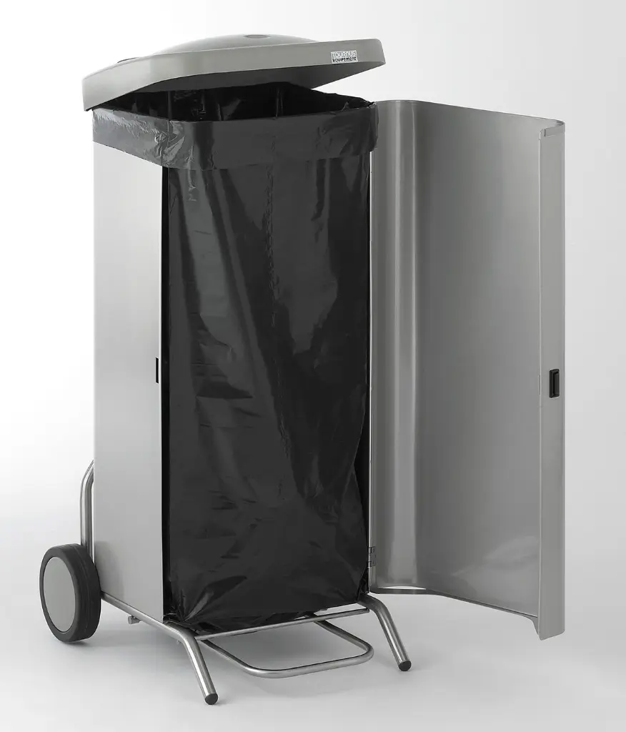 tournus-porte-sac-mobile-avec-habillage-inox-couvercle-a-pédale-pour-sacs-70-litres-ouvert.webp